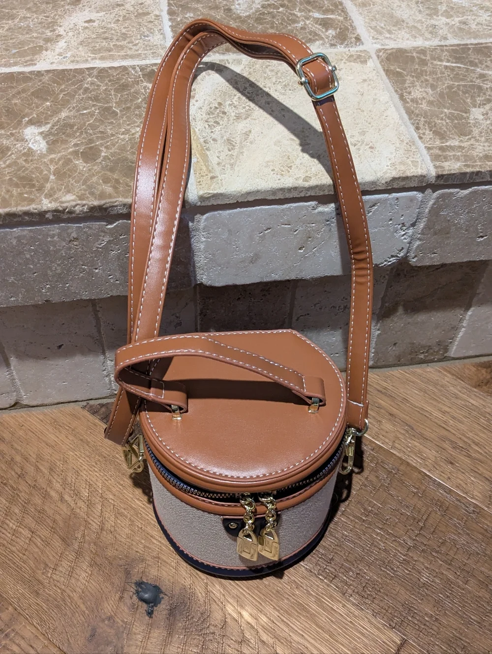 Navy & Tan Trimmed Canvas Barrel Bag with Fossil Navy Wallet - Picture 10 of 10
